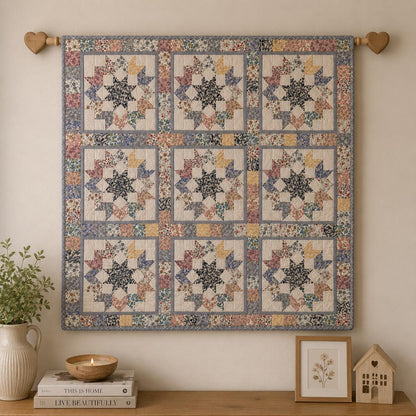 Hand made Calico Floral North Star 44"x44" country Cotton Hand Quilted patchwork Wall hanging & Toppers, baby quilt by HOME HEART Brands