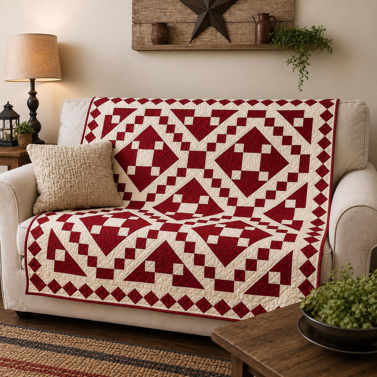 Wall hanging Hand made hand quilted quilt, Throw, Table topper Red Diamond chain square 100% Cotton Heirloom Quality by HOME HEART Brands