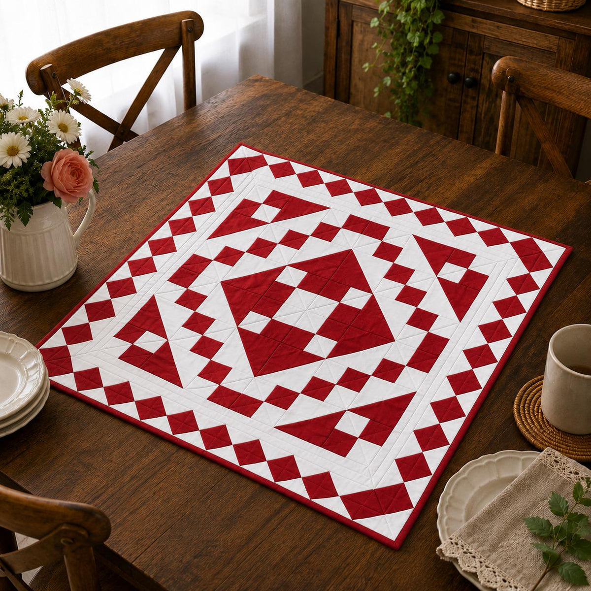 Wall hanging Hand made hand quilted quilt, Throw, Table topper Red Diamond chain square 100% Cotton Heirloom Quality by HOME HEART Brands