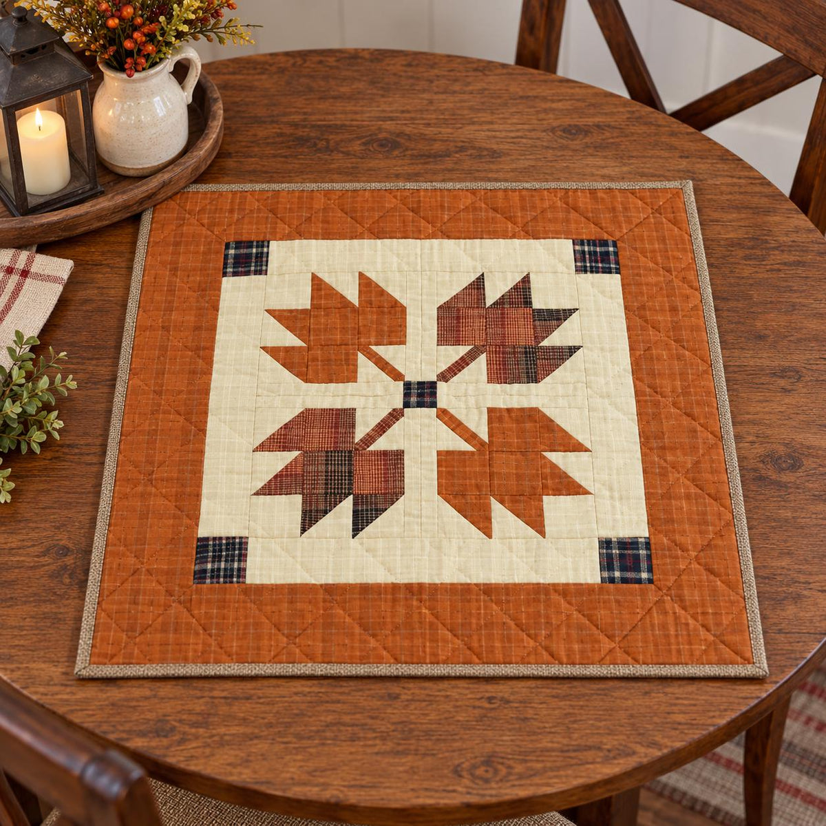 Hand made hand quilted quilt, table accent piece, Table topper Autumn leaves plaid fall quilt Cotton Heirloom Quality by HOME HEART Brands