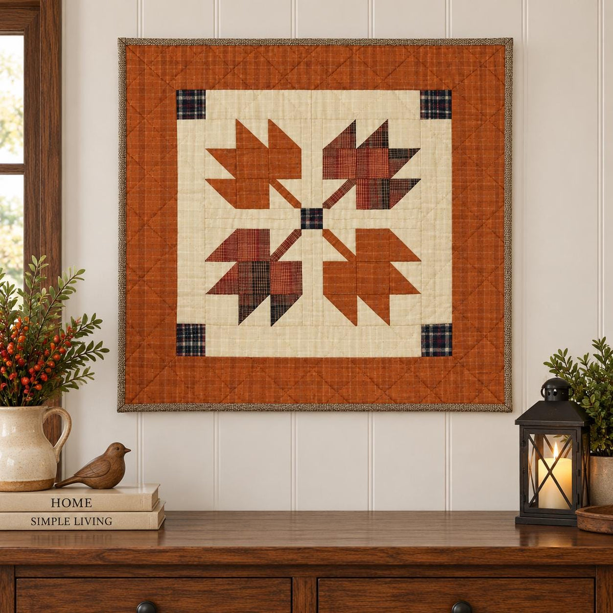 Hand made hand quilted quilt, table accent piece, Table topper Autumn leaves plaid fall quilt Cotton Heirloom Quality by HOME HEART Brands
