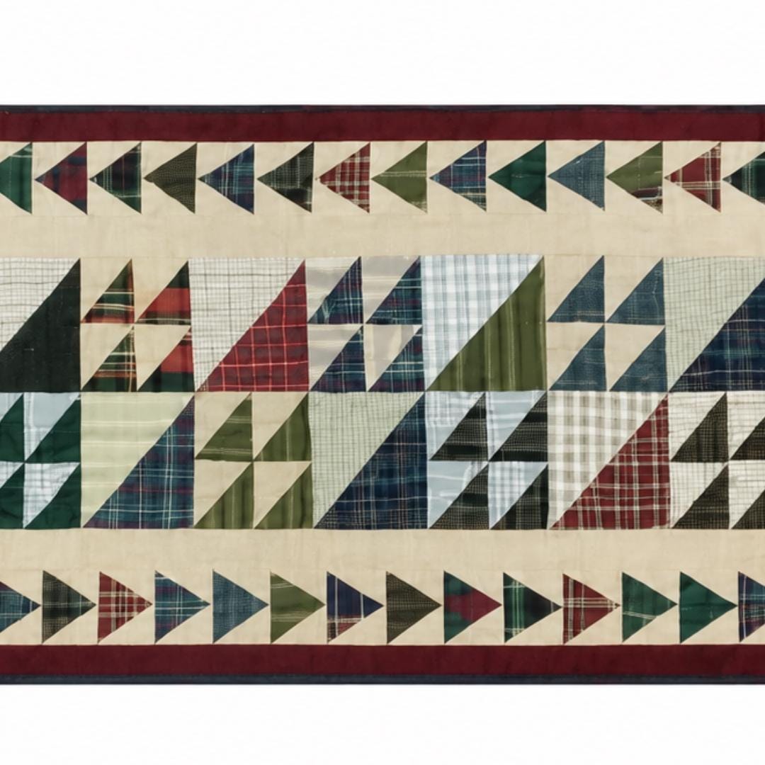 Flat Flying geese Plaid Patchwork Table Runner 16x75 Inch, Hand Quilted Without Batting (No Padding), Primitive Fall Farmhouse Table Runner