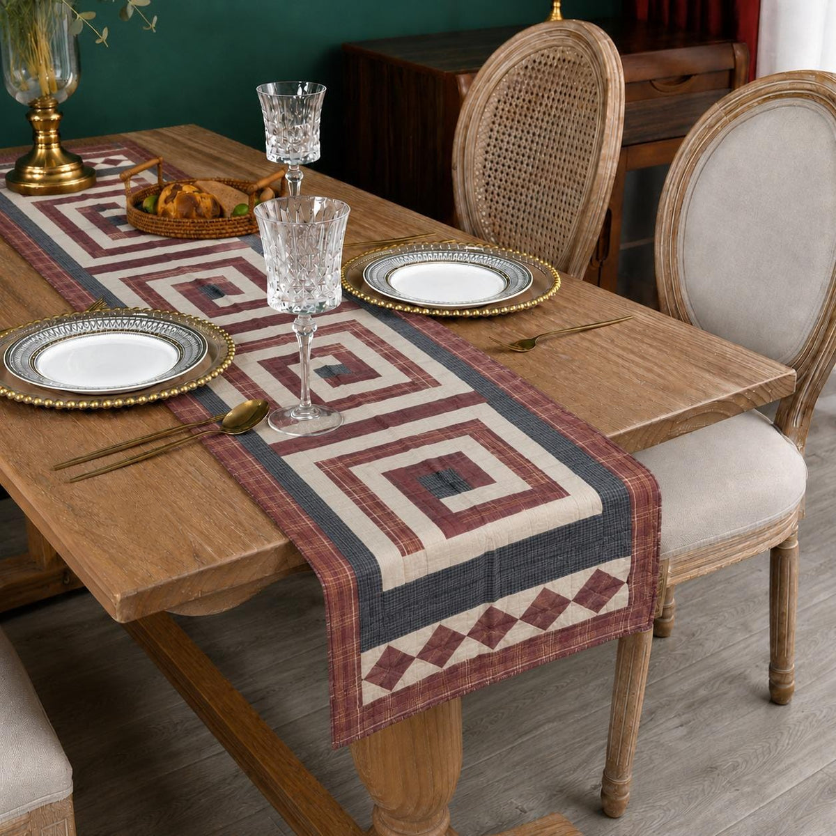 Flat Primitive Plaid Patchwork Table Runner, Hand Quilted Burgundy Charcoal Cream Farmhouse 16x75 Inch, Without Batting (No Padding)