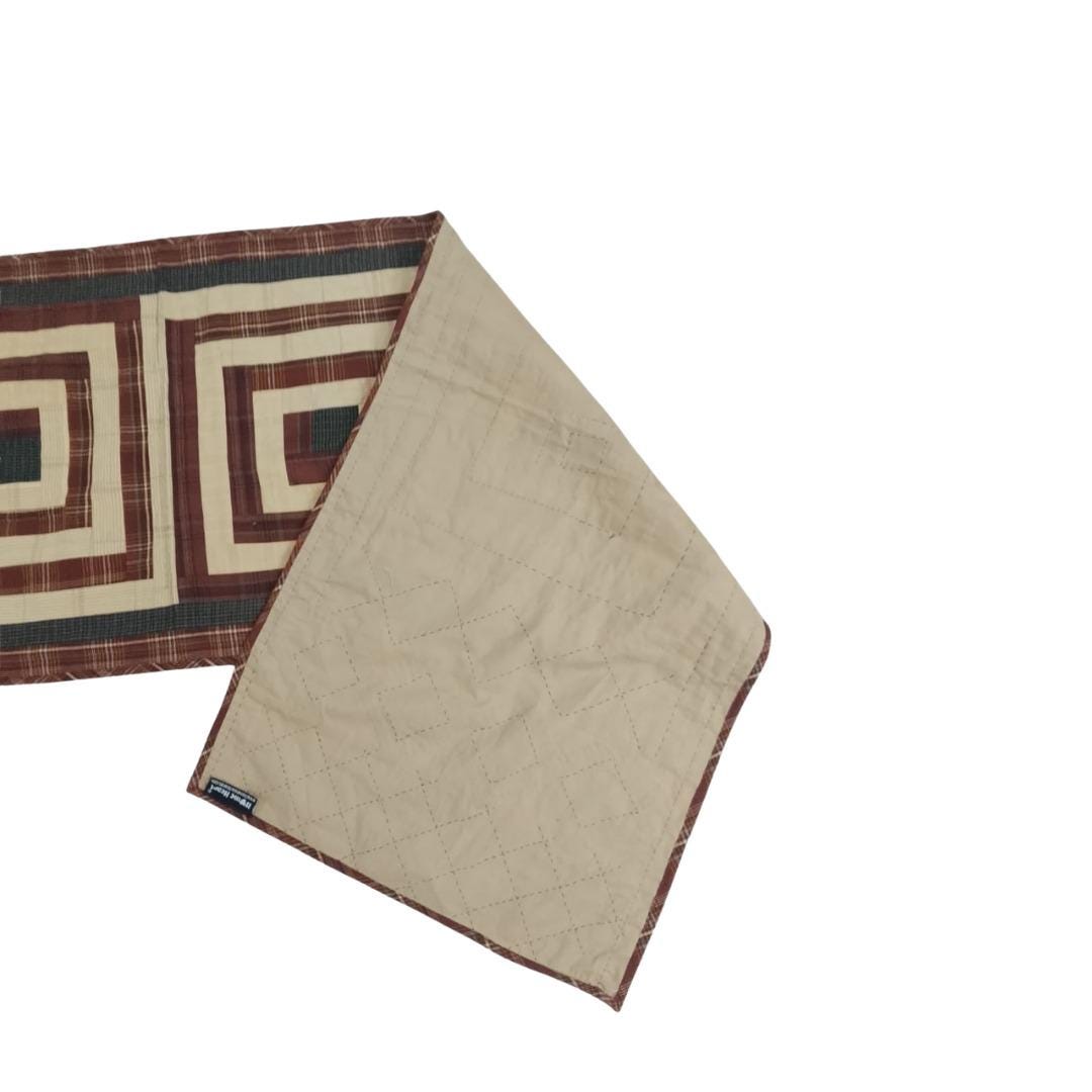 Flat Primitive Plaid Patchwork Table Runner, Hand Quilted Burgundy Charcoal Cream Farmhouse 16x75 Inch, Without Batting (No Padding)