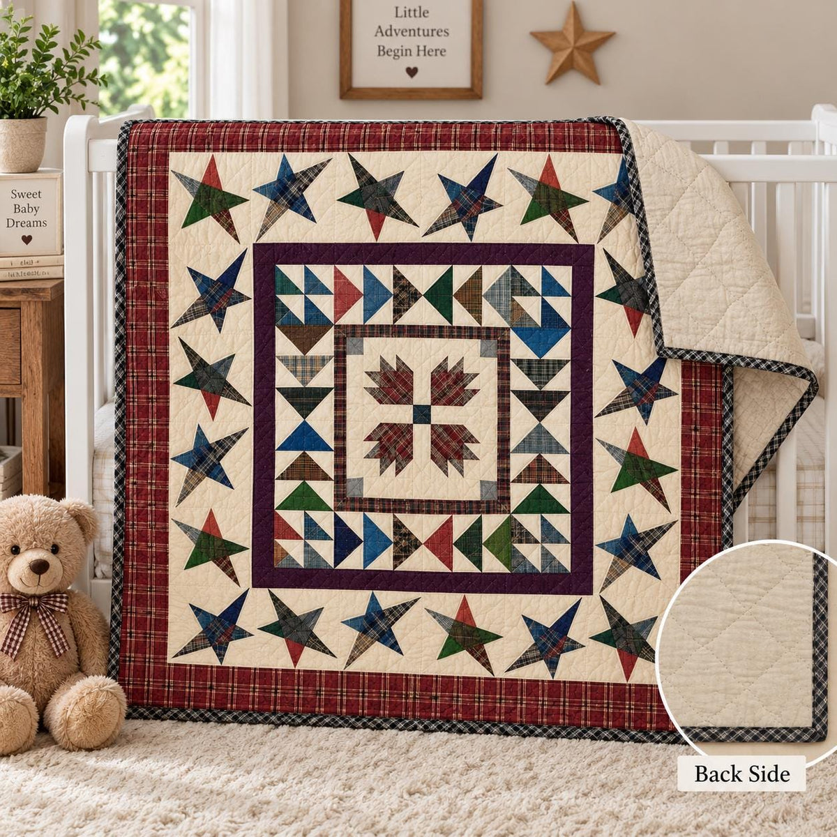 Primitive patchwork Quilt 46x46 Inch, Handmade Quilt, Rustic country Plaid wishing star Throw baby quilt Home Heart brands (Made in India)