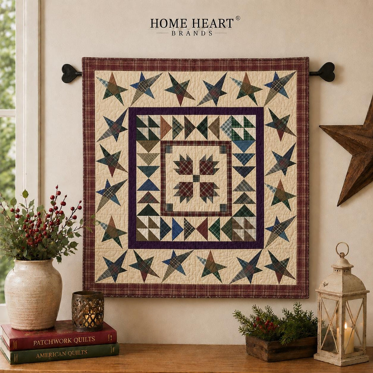 Primitive patchwork Quilt 46x46 Inch, Handmade Quilt, Rustic country Plaid wishing star Throw baby quilt Home Heart brands (Made in India)
