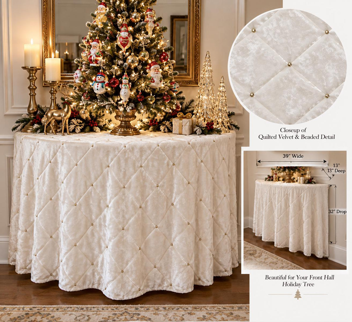 Snow White Velvet Quilted Table Topper, Beaded Christmas Tablecloth, Elegant Holiday Decor, White Round Table Cover, Handmade by HOME HEART