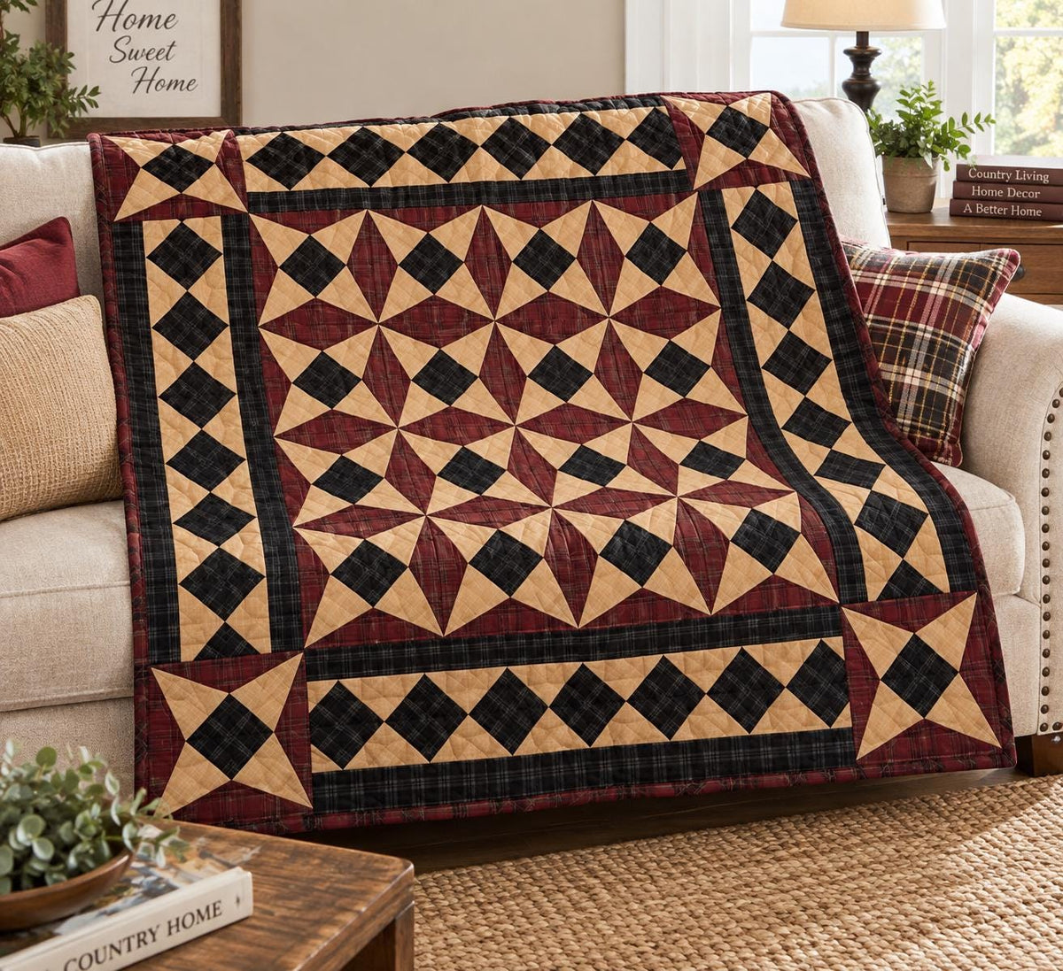 Spinning Wheel Plaid Quilt, Patchwork Quilt, Rustic Farmhouse Country Home throw, Hand Quilted baby quilt by Home Heart (Made in India)