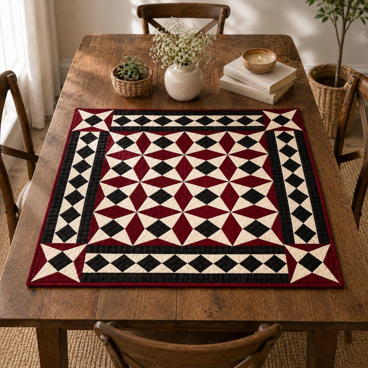 Primitive Spinning Wheel Quilt Hand Quilted Wall Hanging & Table Topper Plaid Country quilt decor by Home Heart Brands (Made in India)