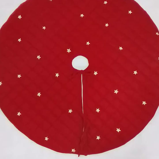 Christmas tree skirt micro red Velvet fabric Quilted with with Gold Star Embroidery. Thick Double Layer quilted by HOME HEART Brands