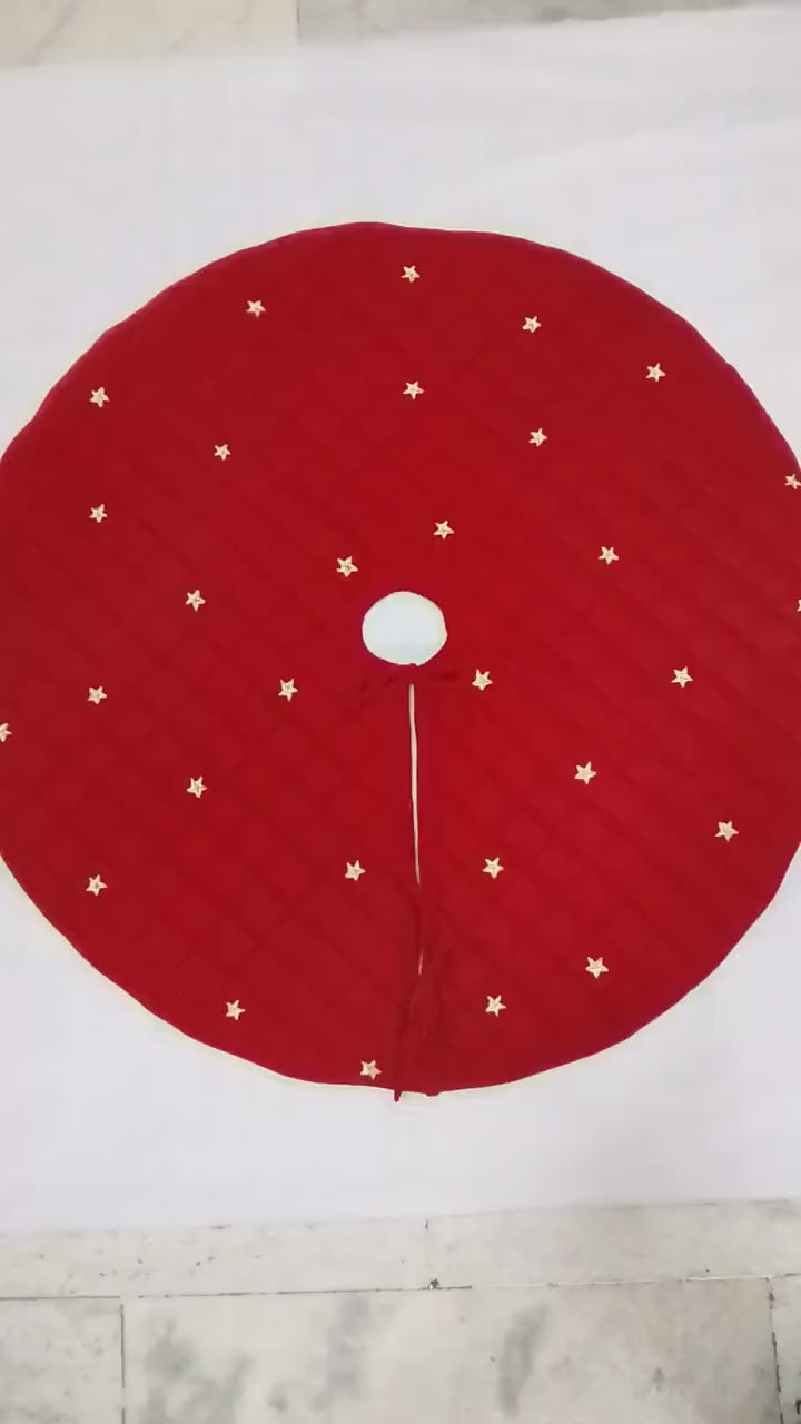 Christmas tree skirt micro red Velvet fabric Quilted with with Gold Star Embroidery. Thick Double Layer quilted by HOME HEART Brands