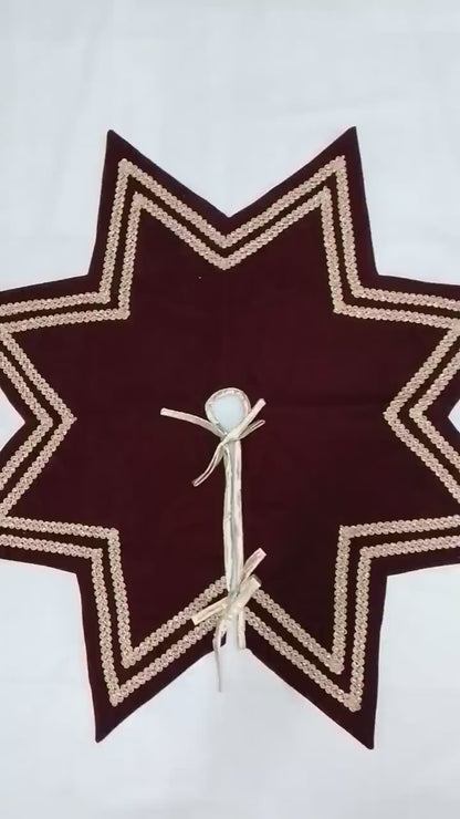 Christmas Tree Skirt Handcrafted Star Design burgundy wine Velvet, Gold Trim Double Layer Heirloom by HOME HEART Brands(Made in India)