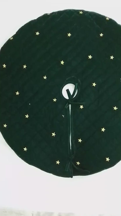 Christmas tree skirt micro green Velvet fabric Quilted with with Gold Star Embroidery. Thick Double Layer quilted by HOME HEART Brands