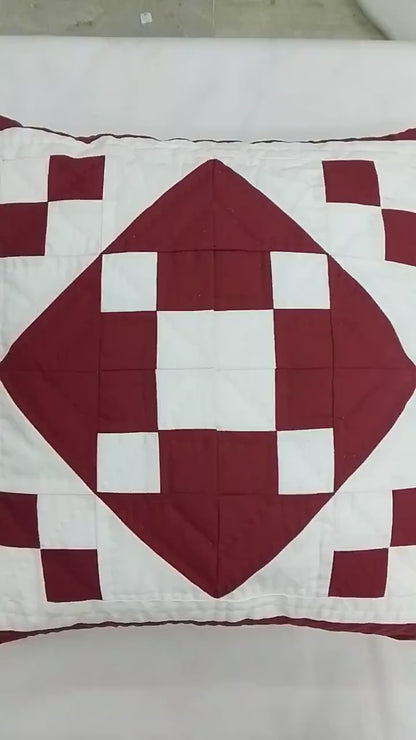 Hand made hand quilted Holiday Diamond Square patchwork pillow, cushion cover, calico burgundy red  by HOME HEART Brands(made in India)