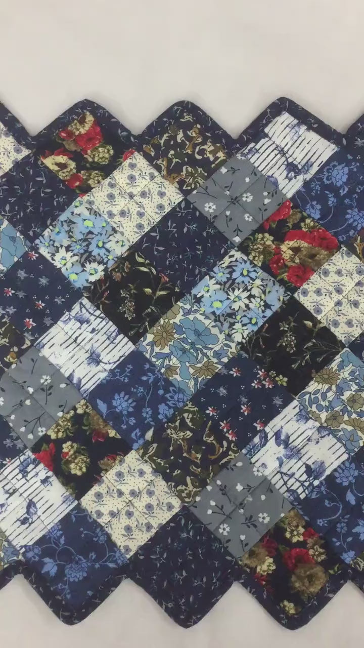Table runner quilted patchwork zig zag Table Runner & table Toppers Calico cotton blue mix floral fabric by HOME HEART Brands(made in INDIA)