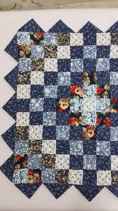 Hand made Hand quilted Throw Quilt, Table Topper Indigo Sunrise calico blue floral zig zag quilt by Home Heart brands (Made in India)