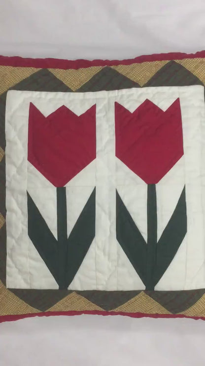 Hand mad hand Quilted TULIP patchwork pillow cover, cushion cover, throw pillow Calico red offwhite by HOME HEART Brands(made in India)