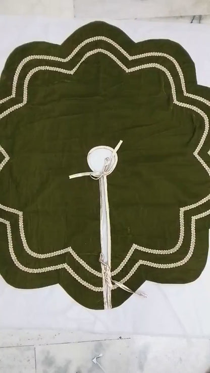 Christmas Tree Skirt Handcrafted Scallop Design ,Elegant Green Velvet  with Gold Trim Double Layer by HOME HEART Brands(Made in India)