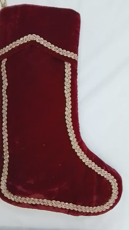Christmas stocking hand made Burgundy Velvet 19 inch with Gold Trim traditional christmas stocking by HOME HEART Brands(Made in India)