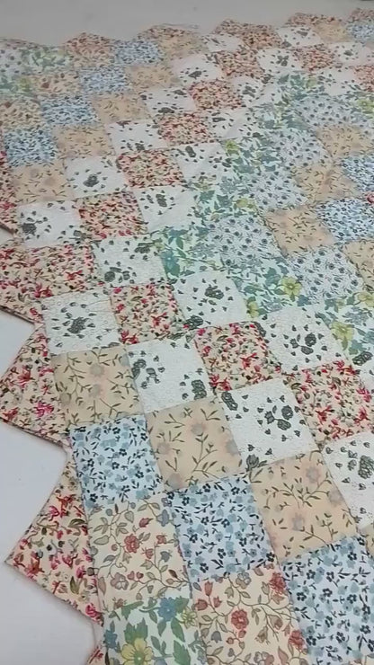 Hand made Hand quilted Block Quilt, Table Topper, Throw quilt calico floral cotton square zig zag quilt by Home Heart brands (Made in India)