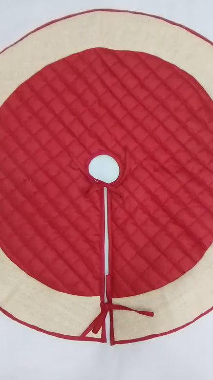 Christmas tree skirt quilted classic red dupioni silk with ivory lurex jute border thick Double Layer by Home Heart Brands(Made in India)