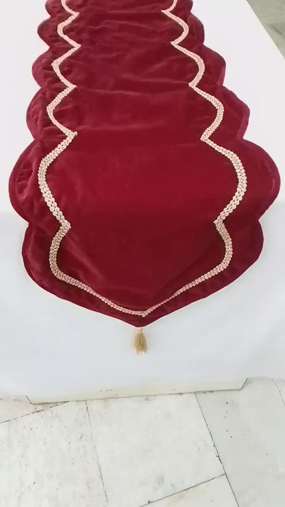 Table runner velvet Handcrafted Scallop Design burgundy wine Velvet, Gold Trim Double Layer Heirloom by HOME HEART Brands(Made in India)