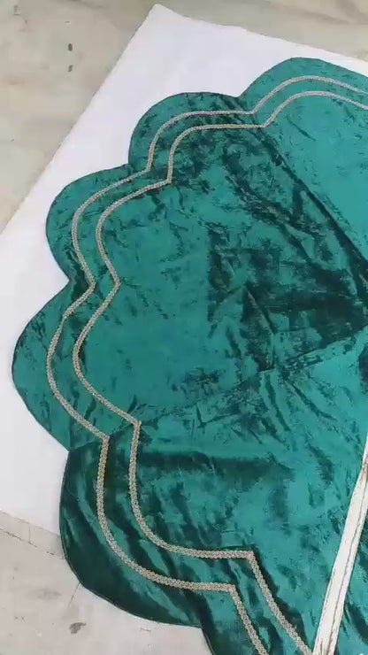Christmas Tree Skirt Emerald Crinkle Velvet Handcrafted Scallop Design Gold Trim Double Layer by HOME HEART Brands(Made in India)