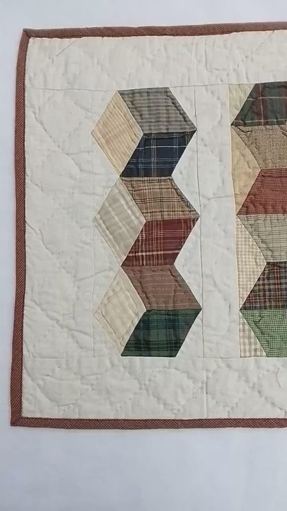 Hand Quilted patchwork Table Runner & Toppers 16"X46" Calico plaid Country Tumbling block Table runner by HOME HEART Brands(made in INDIA)