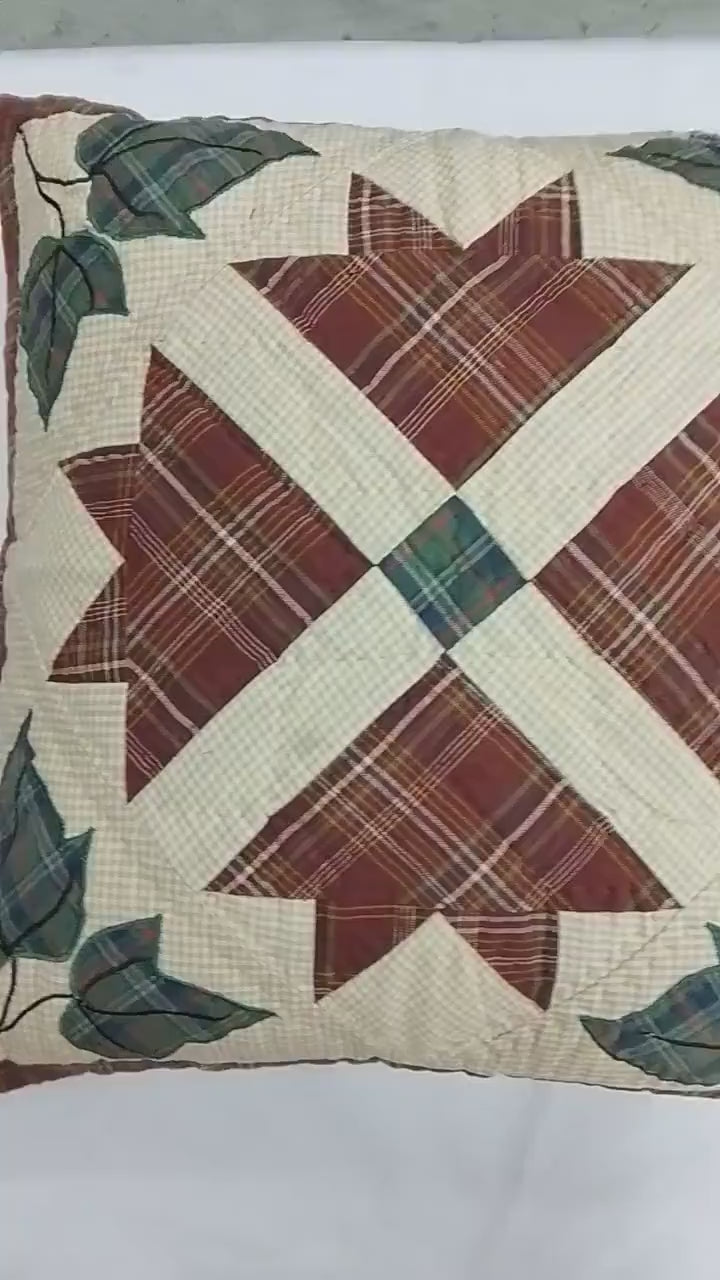 Pillow cover 16"x16" hand quilted cushion cover,decorative throw pillow Rustic Maple Leaf  country plaid HOME HEART Brands(made in India)