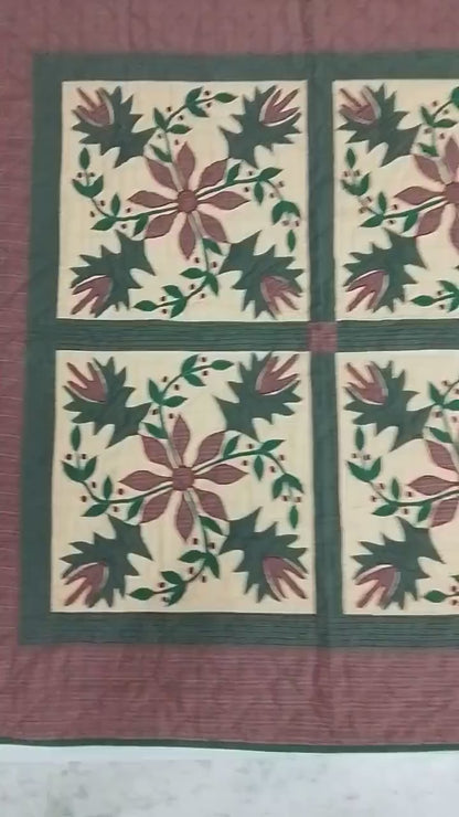 Hand Quilted Poinsettia Cotton Throw: Christmas Table Topper (44"x44")
