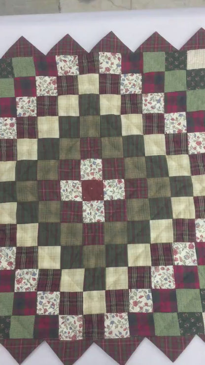 Hand quilted Block Quilt, Table Topper, Throw quilt Winterberry Garden Calico cotton zig zag quilt by Home Heart brands (Made in India)