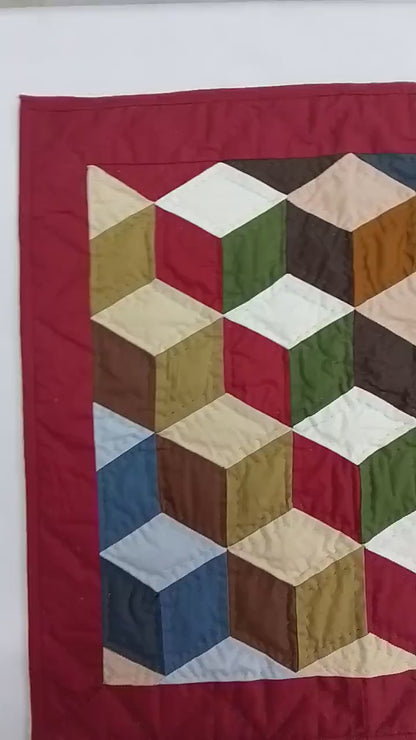 Wall hanging  hand quilted quilt, Table topper, Patchwork | 3D Patchwork Farmhouse Quilt Decor | Primitive Tumbling block Cotton Quilt