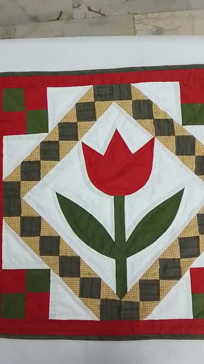 TULIP Hand made Hand quilted Mini wall hanging, small quilt, Table Topper calico cotton fabric  by Home Heart brands (Made in India)