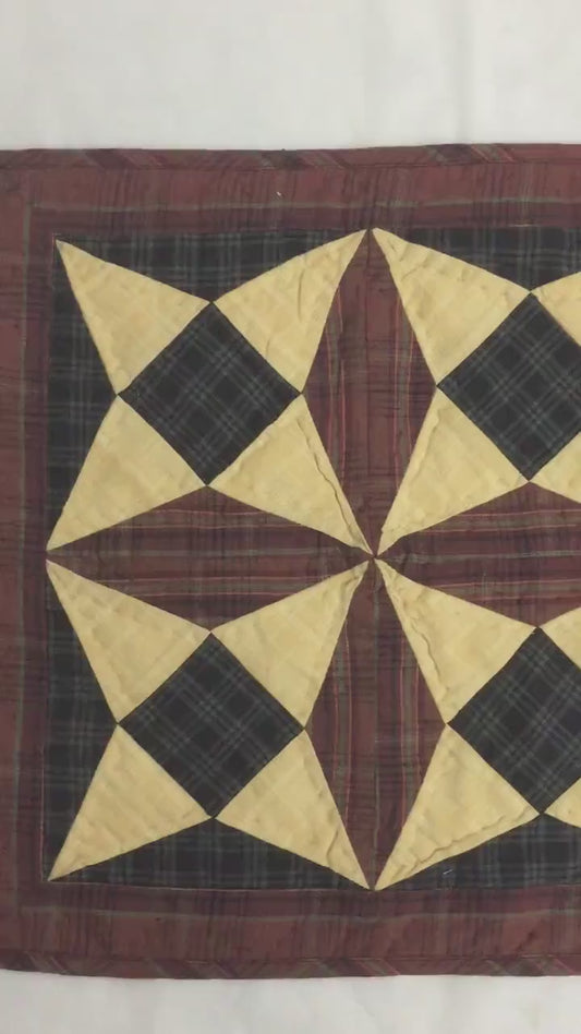 Hand made Hand quilted Throw Quilt, Wall hanging, Table Topper Spinning wheel blue burgundy plaid quilt by Home Heart brands (Made in India)