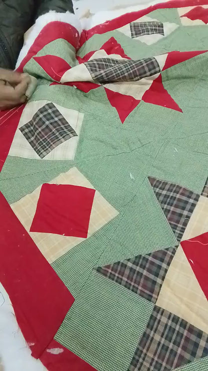 Christmas tree skirt hand made patchwork Heavenly Star calico plaid Heirloom Quality christmas tree skirt by HOME HEART Brands Made in India