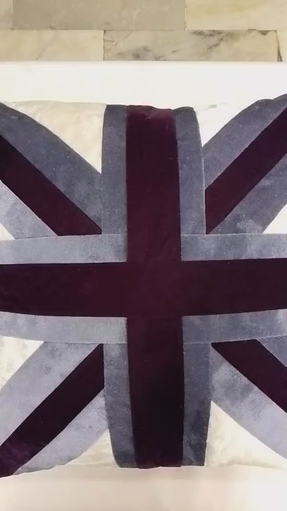 Velvet Union Jack pillow cover, cushion cover grey & purple  micro velvet fabric (pillow not included) by HOME HEART Brands(made in India)