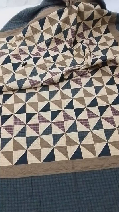Hand quilted Indigo Country Pinwheel patchwork Quilt 90x100 | Farmhouse Bedspread | Surgical Cotton Plaid Backing by HOME HEART BRANDS