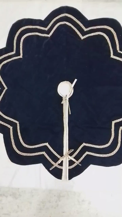Christmas Tree Skirt Handcrafted Scallop Design Navy blue Velvet, gold Trim Double Layer Heirloom by HOME HEART Brands(Made in India)