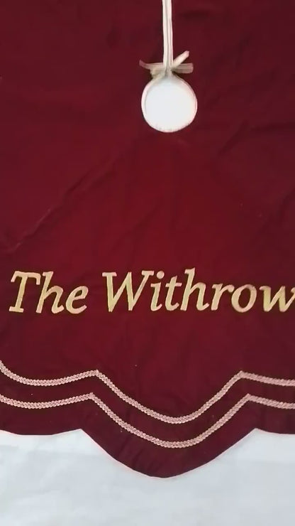 Personalized Christmas Tree Skirt burgundy red velvet with gold trim |Name Custom Embroidered Tree Skirt by HOME HEART Brands(Made in India)